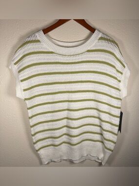 Open Knit Cap Sleeve Cream And Green Stripped Sweater Large Cottagecore Boho